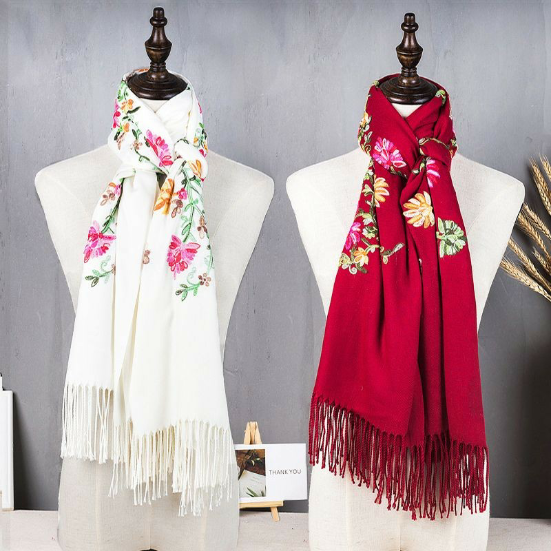 Red Embroidered Scarves Scarves Women's Winter Style Scarf Lady's New Long Section Super 100 Hitch Warm Thickening Woman-Taobao