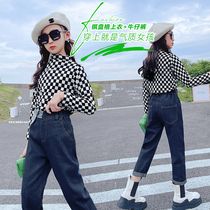 Korean Tie ~ Girl Fried Street Boomer Suits Nets Red Ocean Air 2022 New Spring And Autumn Jeans CUHK Boy Two Sets