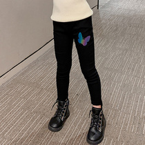 Girls leggings spring and autumn thin outer wear Western style plus velvet one-piece velvet white and black childrens autumn and winter thin velvet pants