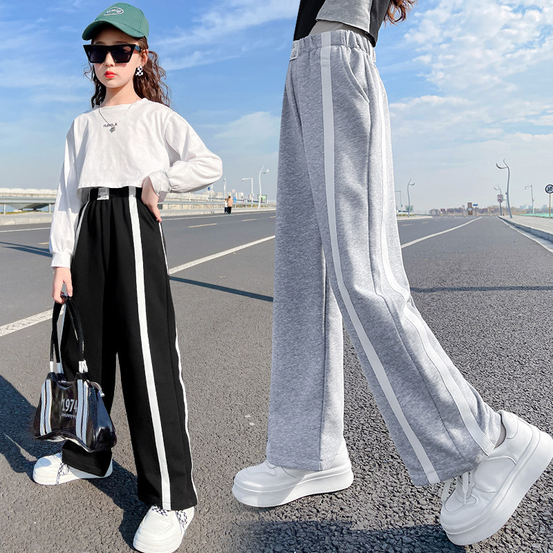 Girl Pants Spring Autumn Single Pants Fried Street Wave Cool Net Red Burst Straight Drum Pants Children Foreign Pie Trendy Black Wide Pants