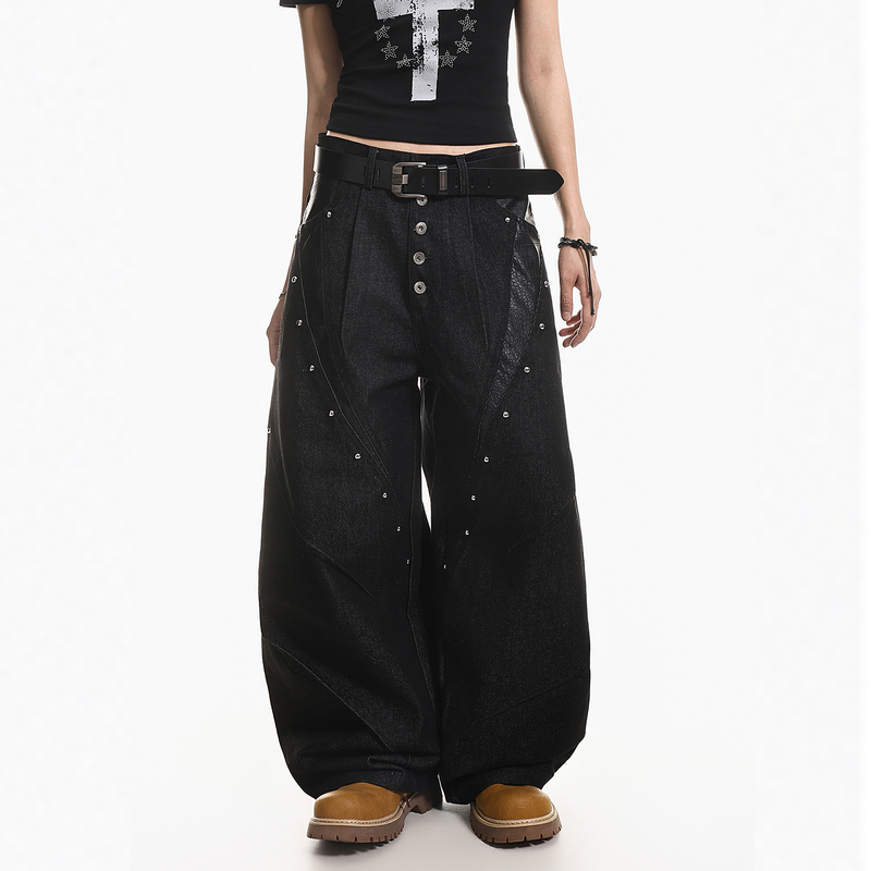 Nidafa American High Street Rivet Distressed Pu Leather Patchwork Raw Denim Jeans Unisex Punk Rock Wide-Leg Pants