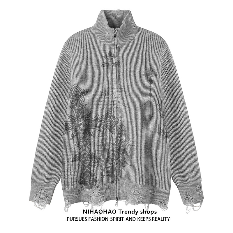 Nihaohao Original Trendy Brand Cross Vintage Stand-Up Collar Sweater American Retro Lazy Cardigan Knitwear