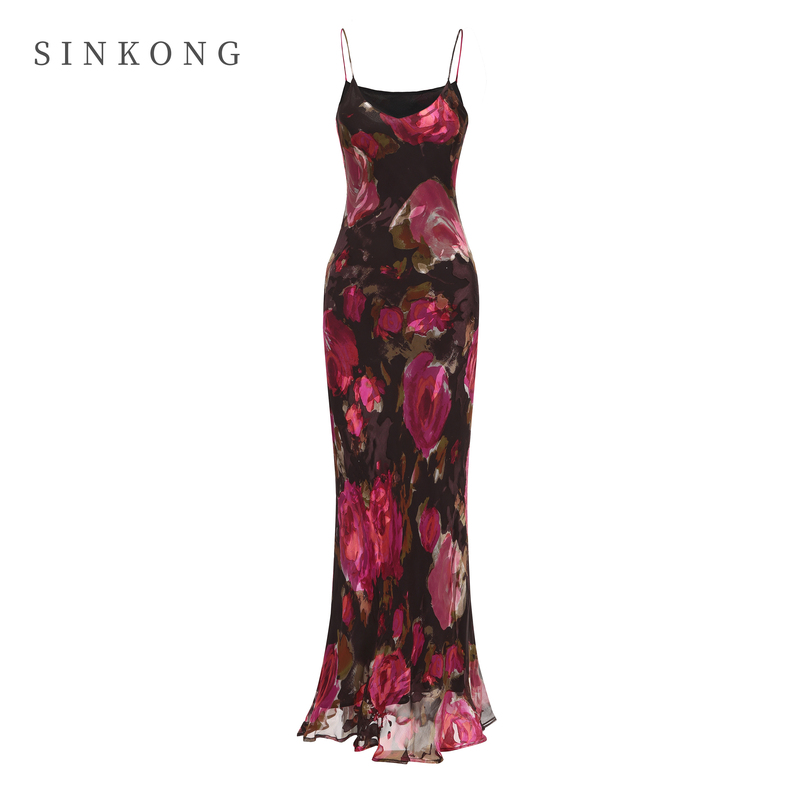 Sinkong “Fei Mei Qihui” Silk Retro Literary Oil Painting Style Silk Bias Cut Fishtail Long Skirt Suspender Skirt