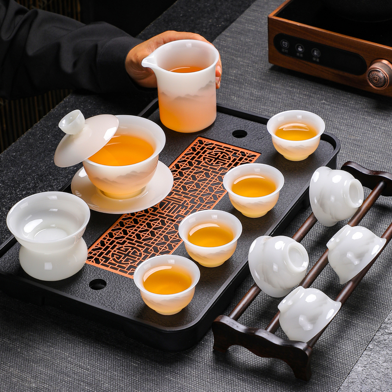 High-End Ice Porcelain Kung Fu Tea Set with Three-Piece Suspended Lid Bowl and Teacup, Complete Set for Home Use, Tea Cup Gift Box High-End Ice Porcelain Kung Fu Tea Set with Three-Piece Suspended Lid Bowl and Teacup, Complete Set for Home Use, Tea Cup Gift Box