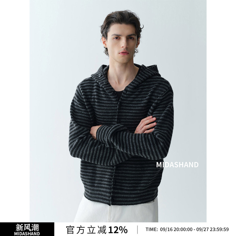 Midashand 26Aw Retro Wool Blend Stripesd Hooded Sweatshirt Men's Knitted Cardigan Casual Sweater Jacket Midashand 26Aw Retro Wool Blend Stripesd Hooded Sweatshirt Men's Knitted Cardigan Casual Sweater Jacket