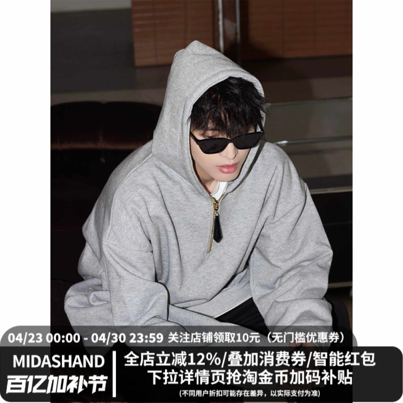 Zhang Xingte's Same Style | Midashand Heavyweight Hooded Sweatshirt Half-Zip Hoodie American-Style Fleece Pullover Top