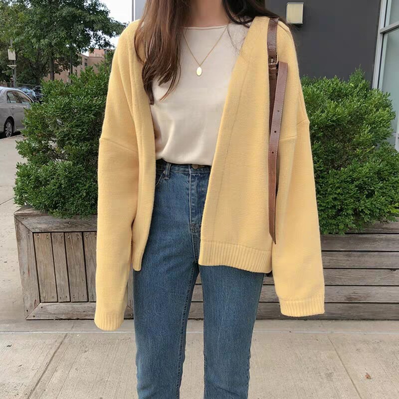 Spring autumn new lady V collar sweater sweatshirt yellow jacket female-knitted sweatshirt loose Korean version 100 lap net red blouse