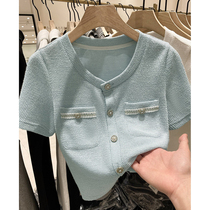 Round neck short-sleeved knitted cardigan womens 2022 summer new French style high-end all-match thin button jacket