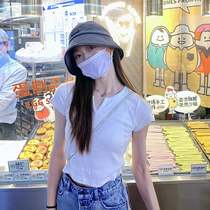 V-neck short T-shirt womens 2022 summer new tight-fitting short-sleeved solid color all-match slim navel top ins tide