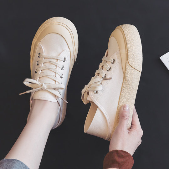 Off-Mdns Genuine Canvas Shoes for Women, New Summer Beige Sneakers, Solid Color Versatile White Shoes