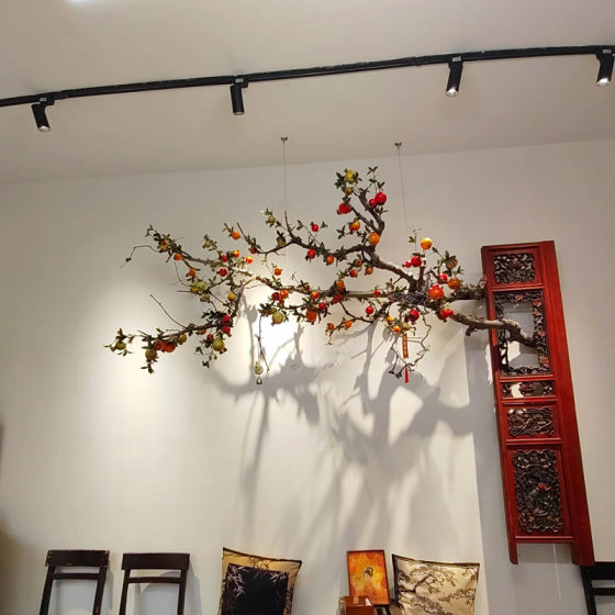 Wall-Mounted Artificial Pomegranate Branches Indoor Hanging Persimmon Display Window Floral Landscape Decoration Dried Branches Landscaping Fake Tree