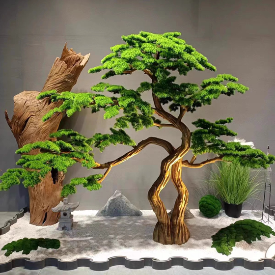 New Chinese-Style Artificial Welcoming Pine Tree with Real Wood Root Carving, Suitable for Entryway, Window Display, Landscape Decoration, and Greenery