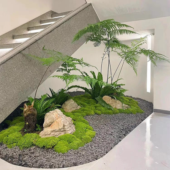 Simulated green plant landscaping combination, indoor landscape plant placement, fake flowers, floor-to-ceiling windows, high-end decoration shopping mall