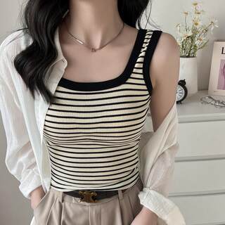 Striped Color-Block Square-Neck Camisole for Women, Cotton Inner Layer, Slim Fit, Sleeveless, Covers Side Breasts, Can Be Worn Outside, New