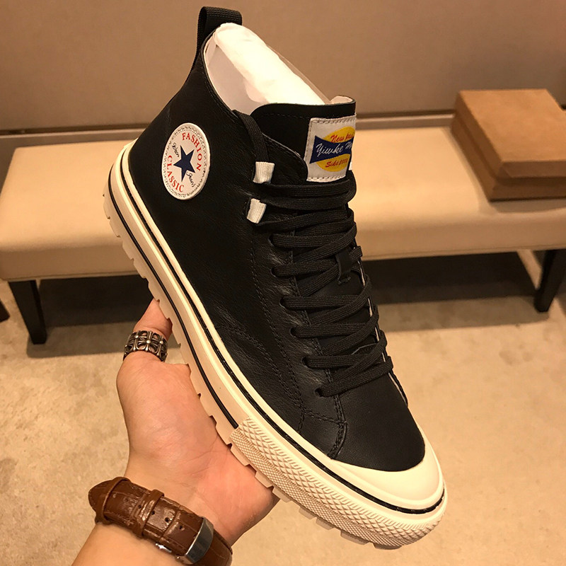 European station leather high-top sneakers men's shoes 2022 autumn and winter new trendy brand thick-soled sports casual shoes plus velvet