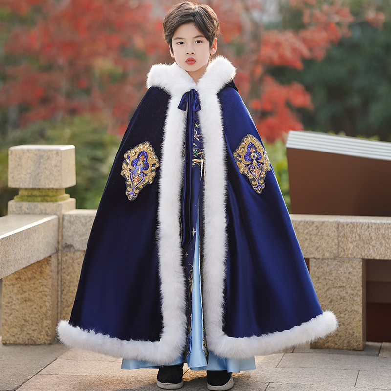 Children Handwear cape Shoulder Cape With Hat Boy China Wind Gusty Coat Winter Style Plus Suede Thickened Out of the Cape Breeze-Taobao