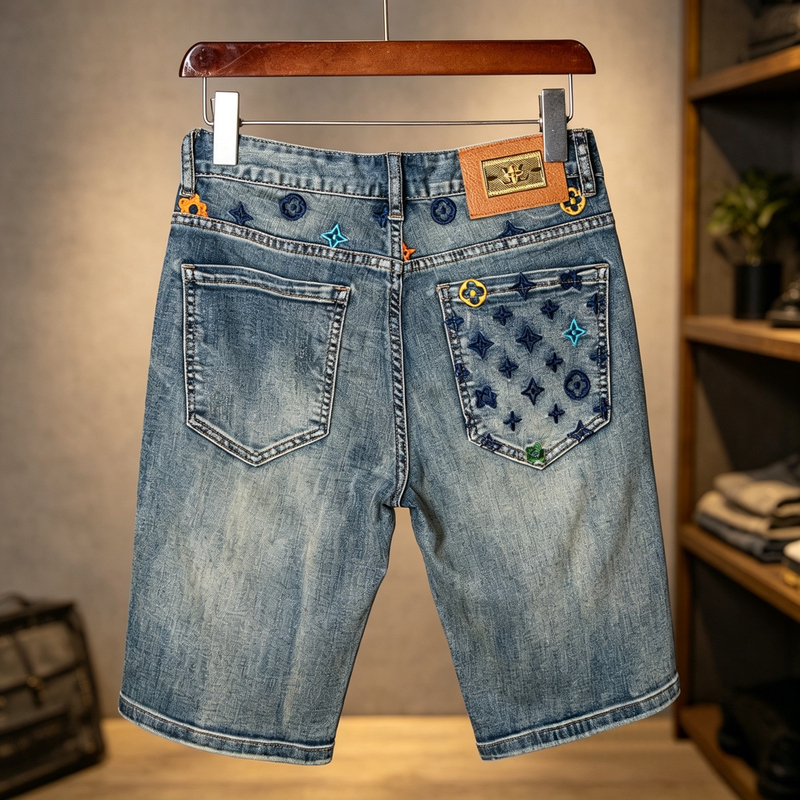High-End Embroidered Denim Shorts for Men, Summer Thin Slim-Fit Straight-Leg Knee-Length Pants, Trendy European Retro Mid-Length Pants