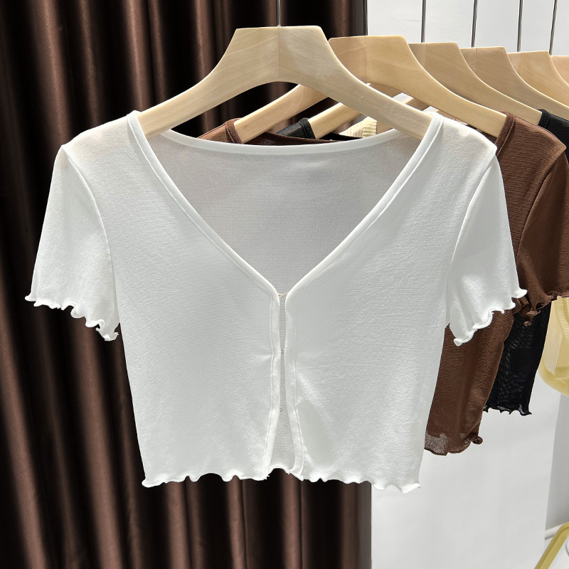 V-Neck Ruffled Short-Sleeve Cardigan for Women, Thin Summer Style, Pure and Alluring, Tight-Fitting, Short, Slimming, See-Through Mesh Lace Top