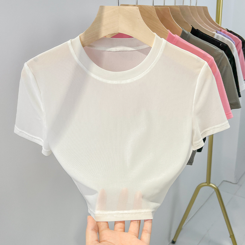 Camisole Dress with Inner Layer, Ice Silk White T-Shirt for Women, Mesh Short-Sleeve, Short Transparent Sheer Top for Summer