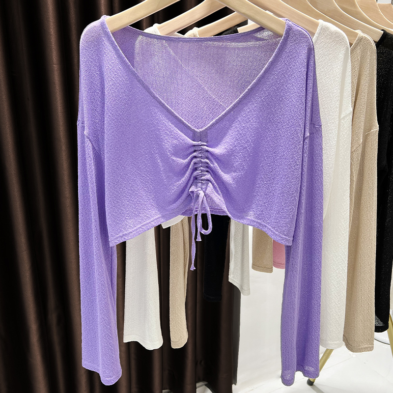 Drawstring Sun Protection Cover-Up for Women, Short Loose Knit Long-Sleeve T-Shirt, Camisole Outerwear, Large Neckline Top