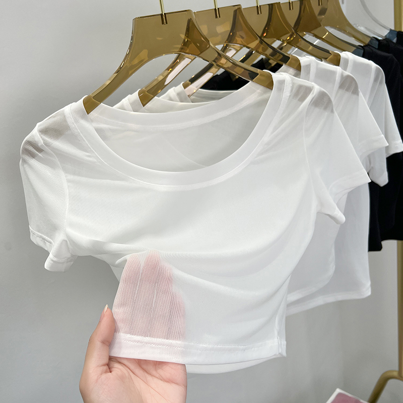 Camisole Dress with Anti-Exposure Inner Layer, Transparent Base Shirt, Sheer Mesh Short-Sleeve T-Shirt for Women, Ice Silk Short Top for Summer