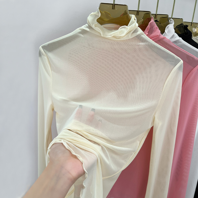 Mesh Pile Collar Bottoming Shirt for Women, Long-Sleeved Sand Body T-Shirt with Fungus High Collar, Transparent Gauze Lace Top, Thin