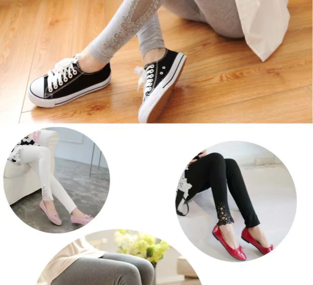 Mùa xuân và mùa thu quần legging mỏng mặc quần cotton nữ kích thước lớn ren chín quần cao eo đen bó chân quần