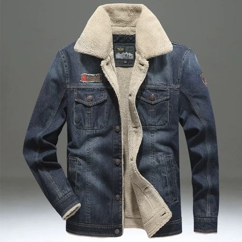 Джинсовая мужская бархатная флисовая куртка, пуховик для отдыха, свободный крой, большой размер, в американском стиле