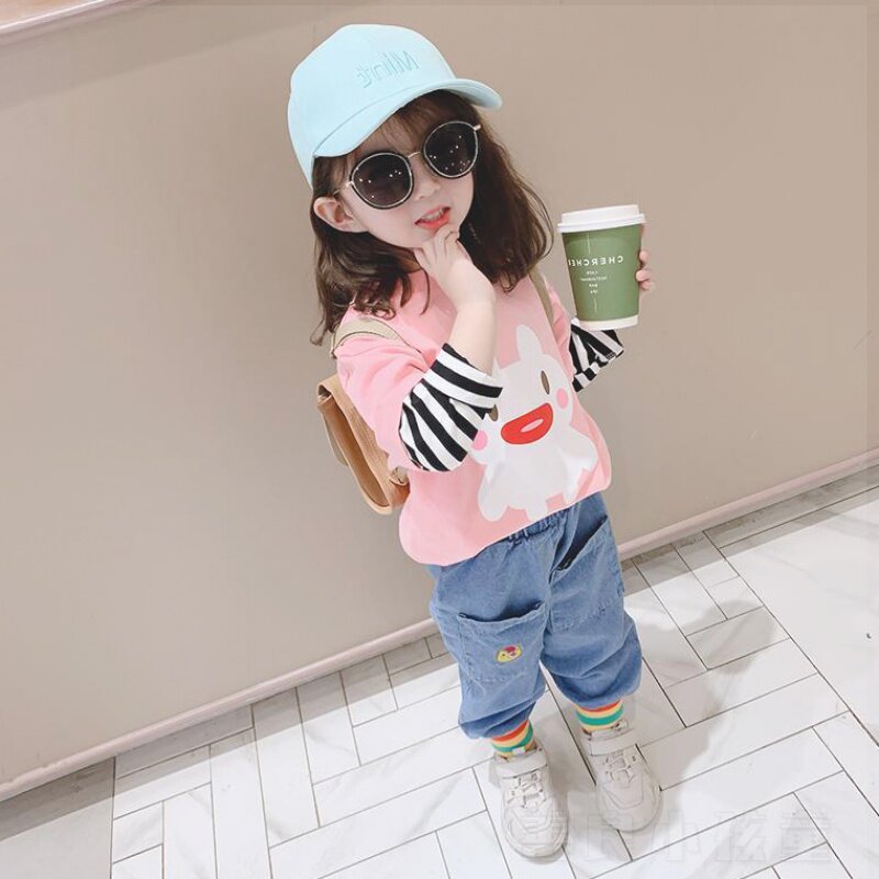 Girls spring long-sleeved striped fake two-piece top children's trendy T-shirt 2020 new baby girl spring and autumn bottoming shirt