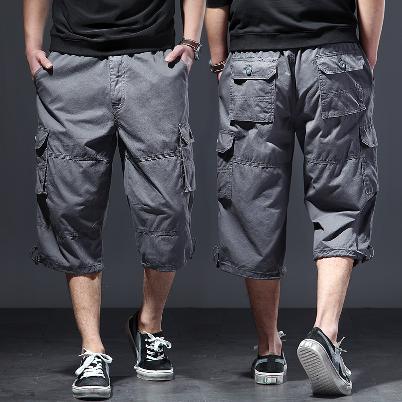 Summer Workwear Cropped Shorts, All-Cotton Mid-Length Pants, Loose Plus-Size 7-Point Pants with Elastic Waist, Pure Cotton Sports Pants