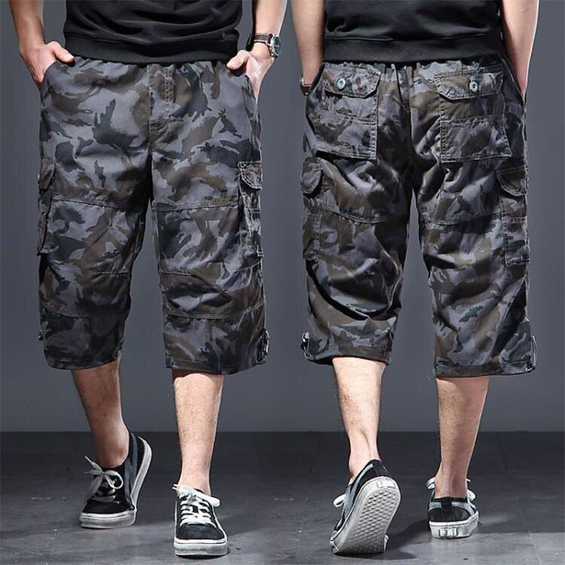Loose Multi-Pocket Cargo Shorts for Men, Plus Size, Casual Export-Style Seven-Point Pants for Big and Tall Men, Pure Cotton, Large Waistband