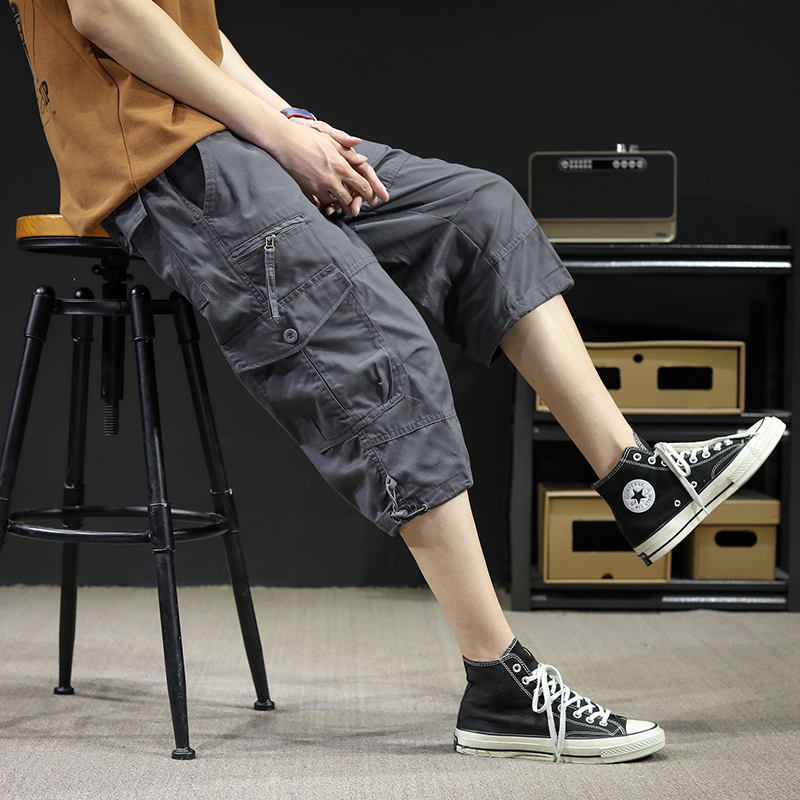 Multi-pocket five-point pants men plus fat plus fat men casual foreign trade seven-point pants fat guy cotton summer loose overalls