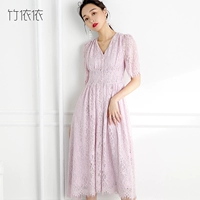2018 mùa hè mới Hàn Quốc phiên bản của nước hòa tan ren váy nữ phần dài màu hồng tím cao eo váy đơn ngực váy thương hiệu thời trang nữ