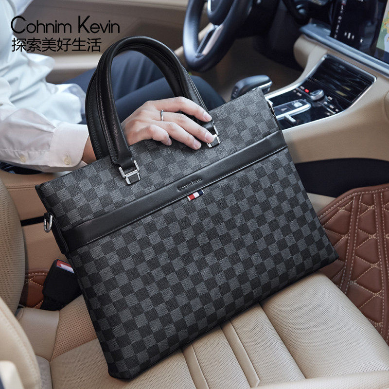 Cohnim Kevin high-end men's handbags business casual large-capacity one-shoulder leather briefcase men's