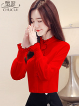 Spring Autumn Womens Dress 2022 New Trend Fashion Long Sleeve Snowspinning Shirt Lady Jersey Undershirt Foreign Red Blouse