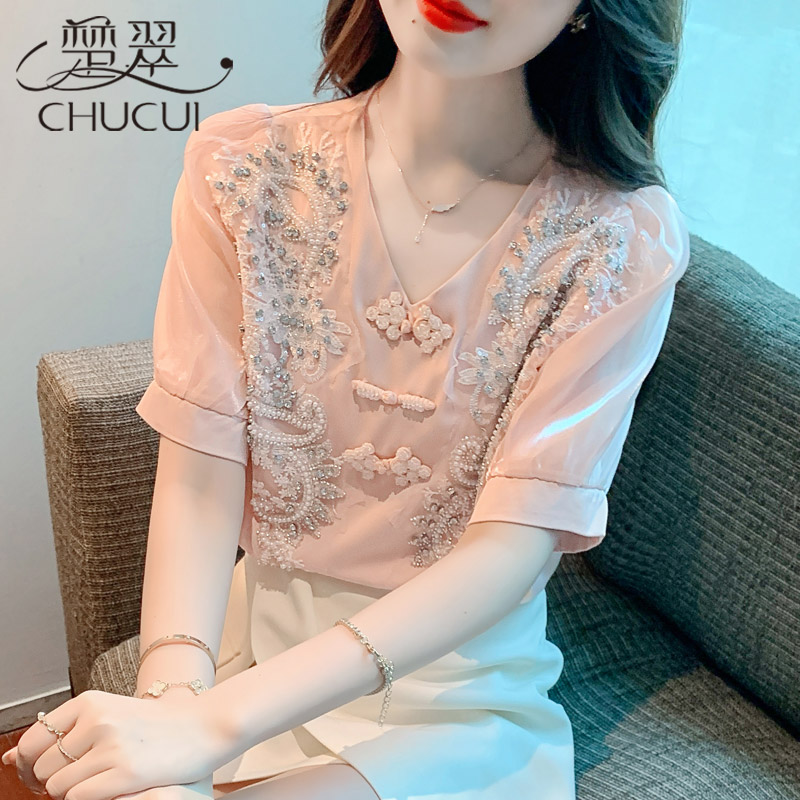 Shiffon cheongsam, summer clothing, retro jacket, shirt, T-shirt, V-neckline, puff sleeves Shiffon cheongsam, summer clothing, retro jacket, shirt, T-shirt, V-neckline, puff sleeves