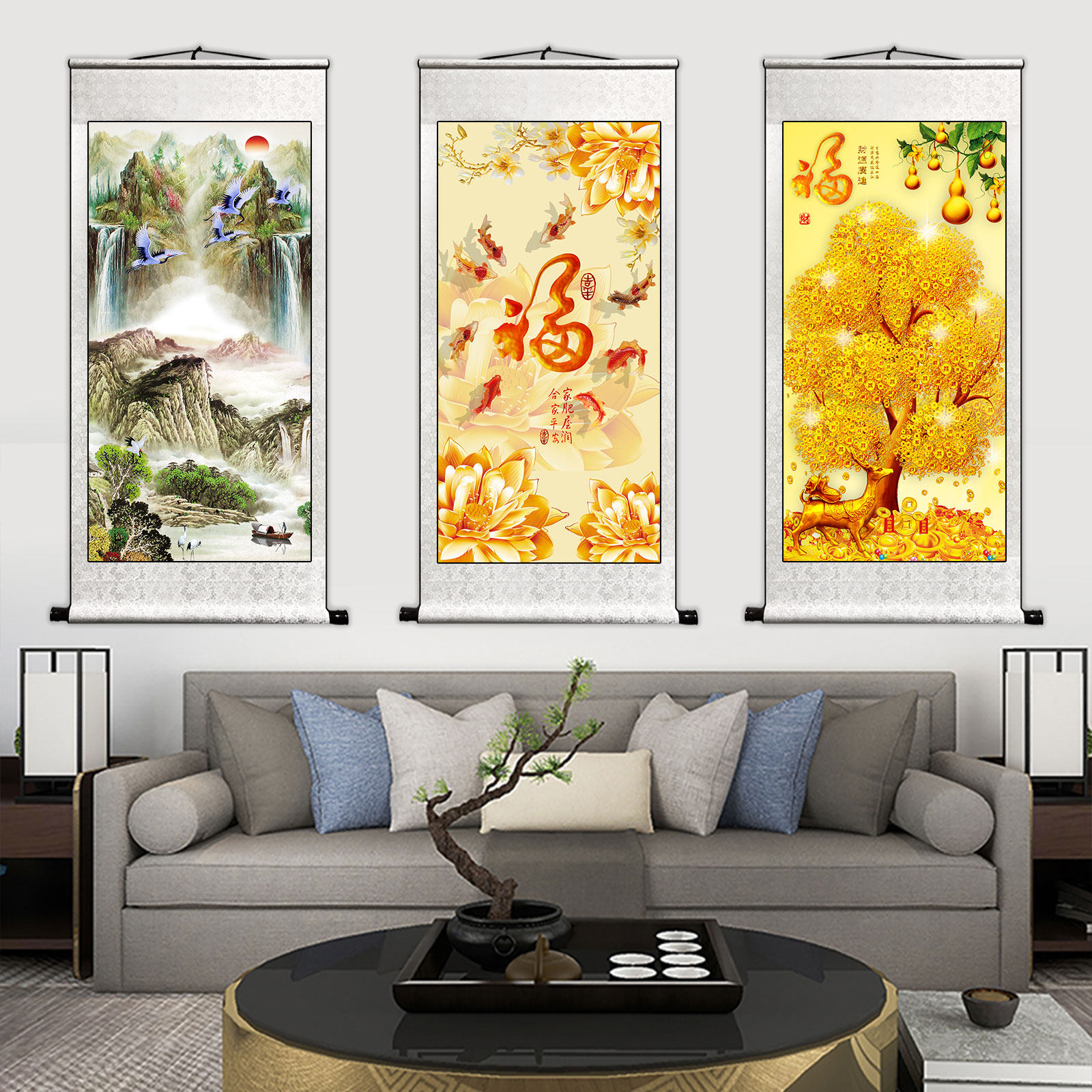 国画山水画:客厅玄关的风水招财靠山图,如何定制专属你的艺术画卷轴画挂画?-国画-淘宝百科网