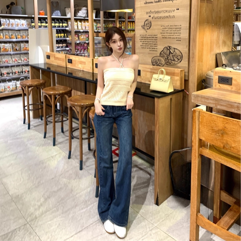 Han Yu Jia [Vintage Private Collection Pants] Retro Blue Low-Waist Jeans for Women, Design-Forward Loose Straight-Leg Trousers