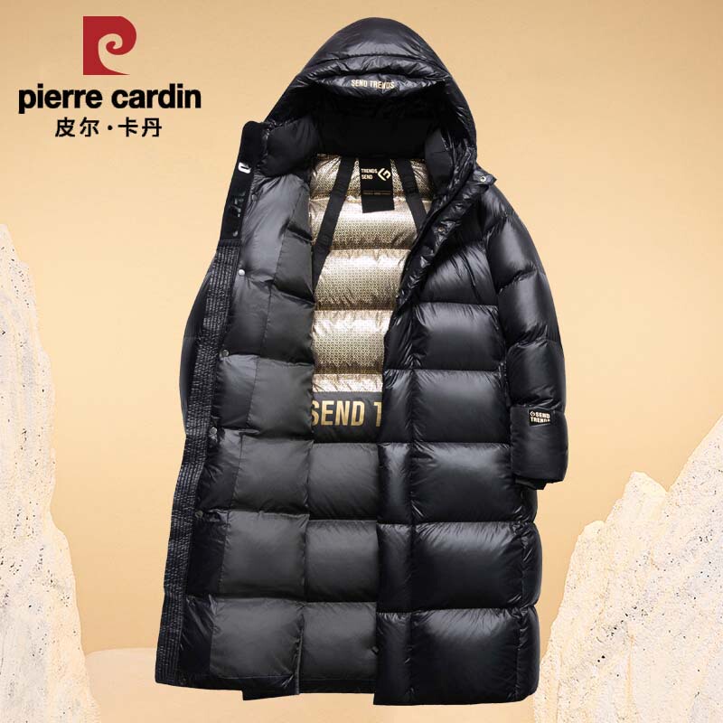 Off-Season Clearance Pierre Cardin Black and Gold Goose down Jacket, Ultra-Thick Over-The-Knee Long Style for Extreme Cold, Unisex