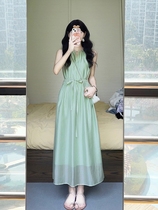 Freemi womens summer high-end French style beautiful Mori style small fresh temperament lady style green sleeveless dress