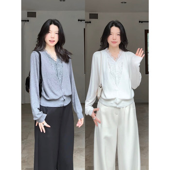 Guo jiujiu cashmere wool v-neck slimming lace stitching fake two-piece sweater autumn versatile top