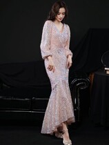Host Gown Dress Lady 2022 New Exploits V Collar Advanced Senses Fish Tail Sequin Long Sleeve Banquet Birthday Party