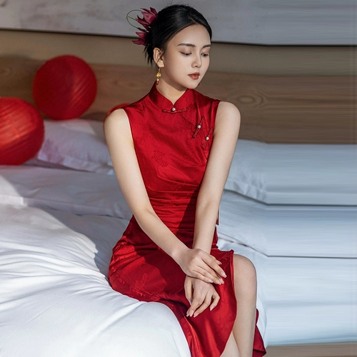 Элитное ципао для невесты без рукавов, красное вечернее платье, свадебное платье, китайский стиль