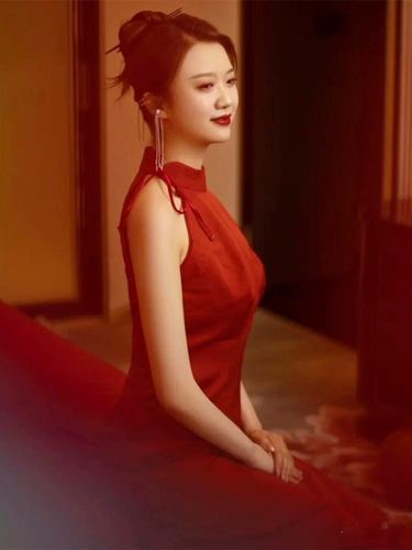 Бордовое вечернее платье, летнее ретро свадебное платье, ципао, изысканный стиль