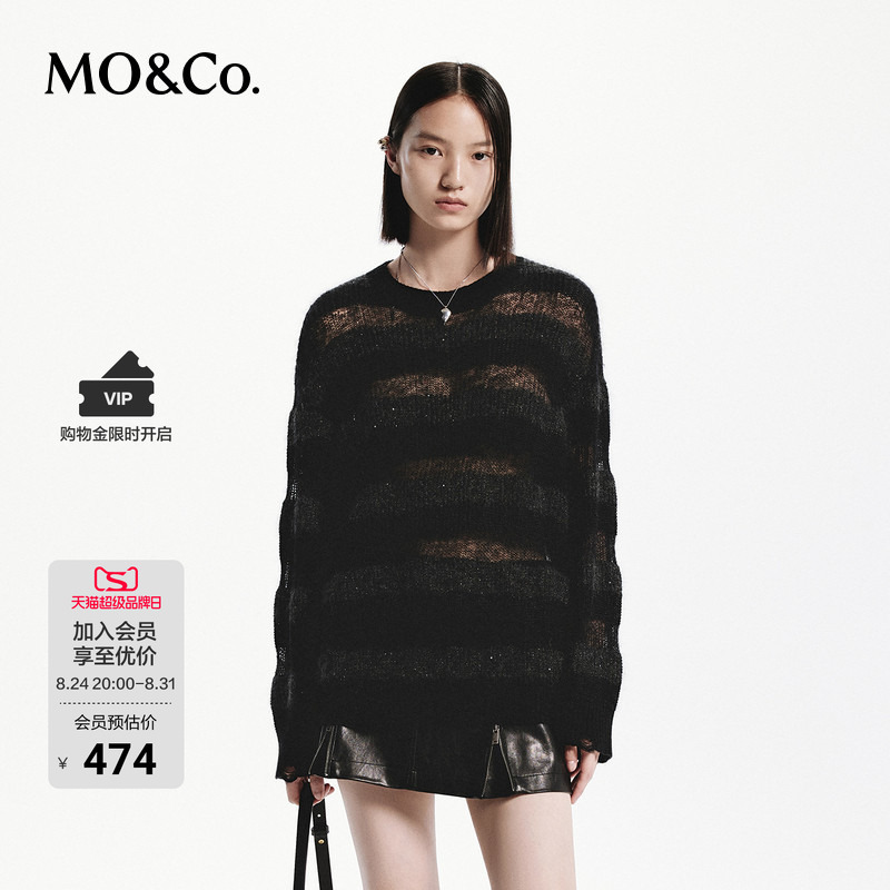 【Moco Outlet】 Mohair-Blend Black and White Striped Sheer Knit Sweater Moanke
