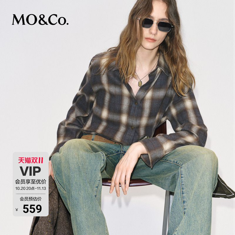 Moco Shirt with Double-Sided Brushed Thick Cotton, Gradient Plaid, Matte Finish, Vintage Feel, Mo&Co