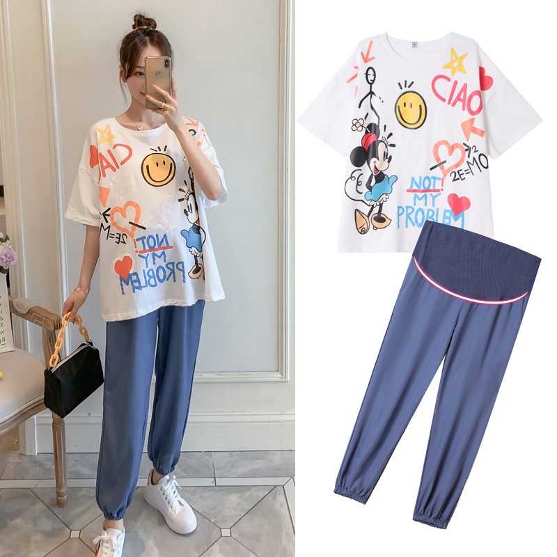 Pregnant women summer suit fashion 2020 summer Korean version casual printing maternity top high waist support belly pants tide mom