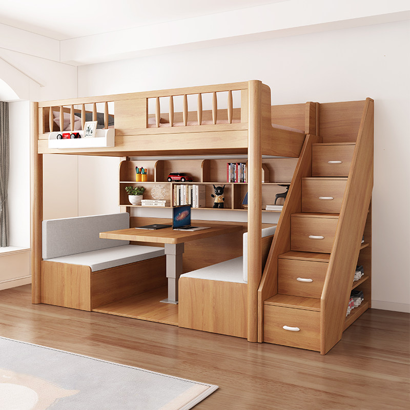 Staggered bunk bed adult small family children's bed multi-functional high and low bed with wardrobe upper bed and lower table mother bed