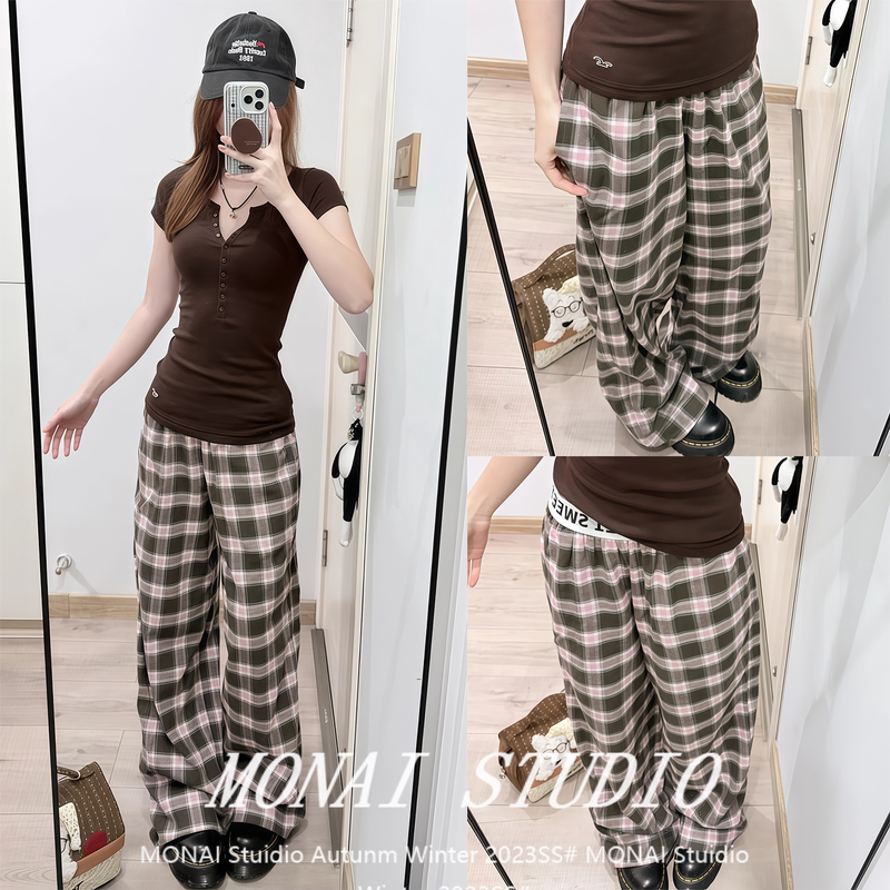 【Sweetheart221~】Vintage Plaid Patchwork Casual Pants for Women 2026 Slimming Loose Drape Wide-Leg Pants