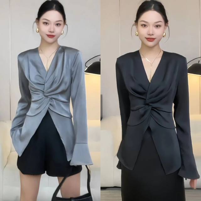 Acetate temperament fashionable long-sleeved cross 2025 black French v-neck waist slimming trumpet sleeve top with twist